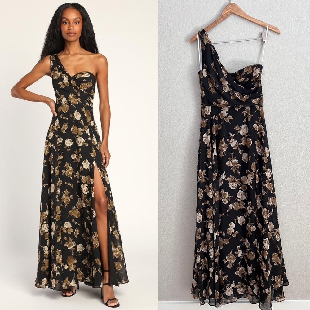 NWOT Fashionably Refined Black Floral Print One-Shoulder Maxi Dress